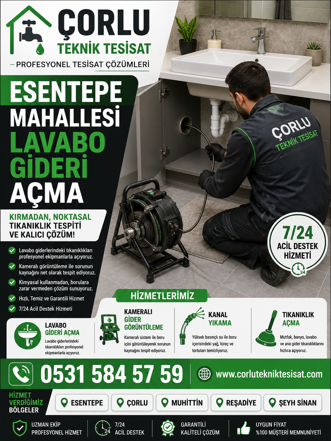 Esentepe Mahallesi Lavabo Gideri Açma ve Kameralı Tıkanıklık Tespiti