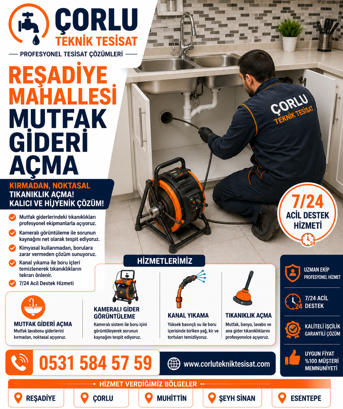 Reşadiye Mahallesi Mutfak Gideri Tıkanıklığı Açma ve Kanal Temizleme