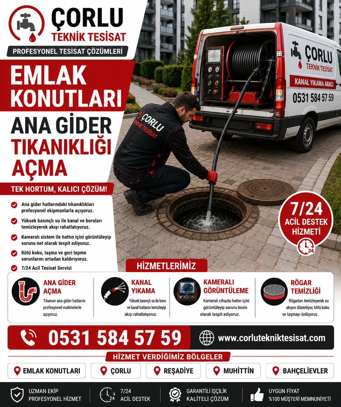 Çorlu Emlak Konutları Ana Gider Tıkanıklığı Açma Hizmeti