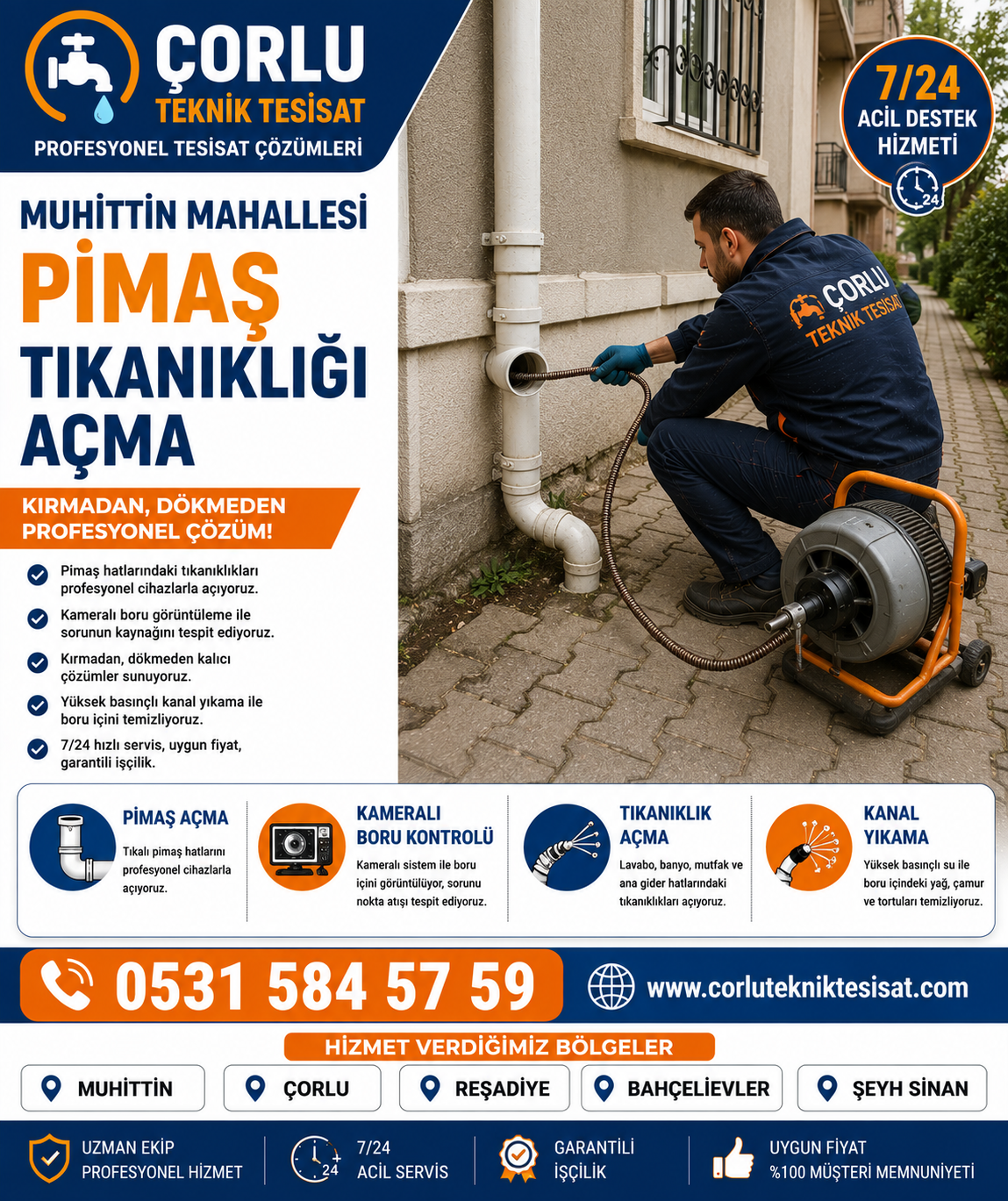 Çorlu Muhittin Mahallesi Pimaş Tıkanıklığı Açma ve Kameralı Boru Kontrolü