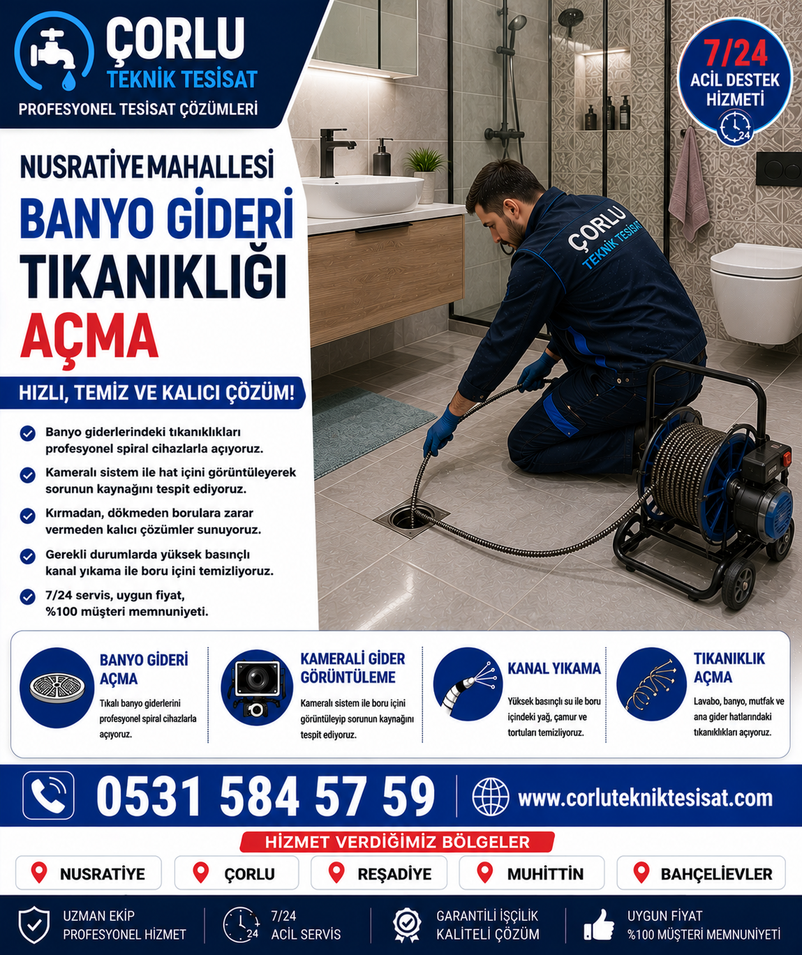 Çorlu Nusratiye Mahallesi Banyo Gideri Tıkanıklığı Açma Hizmeti