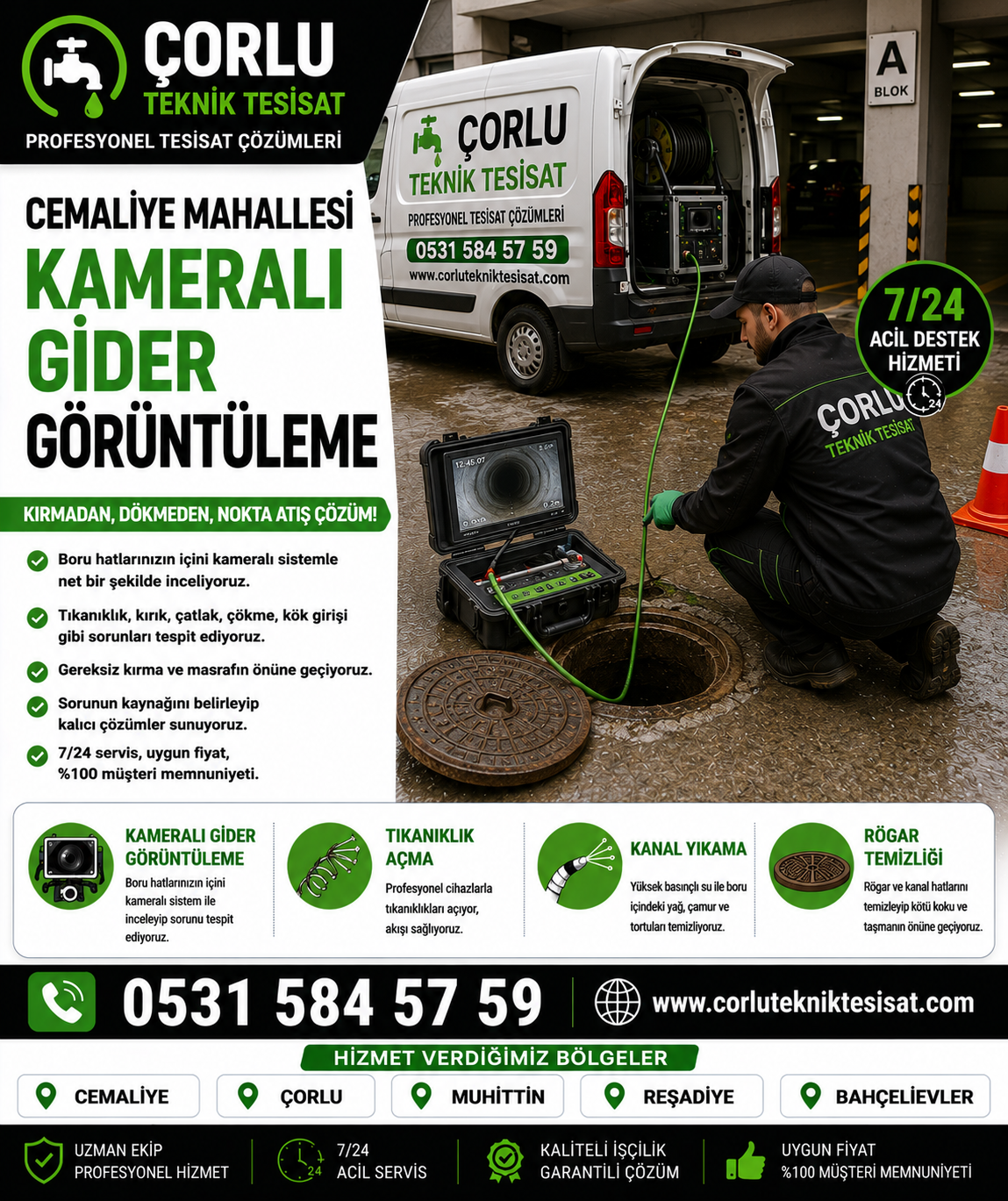 Çorlu Cemaliye Mahallesi Kameralı Gider Görüntüleme Hizmeti