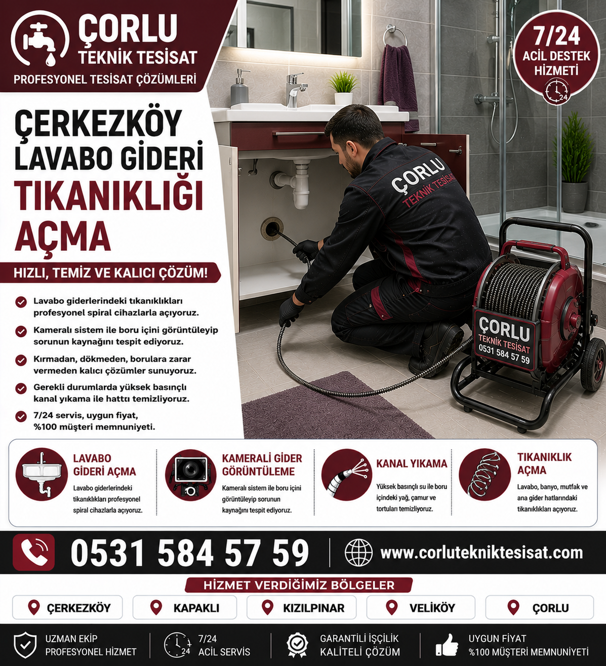 Çerkezköy Lavabo Gideri Tıkanıklığı Açma ve Kameralı Kontrol Hizmeti