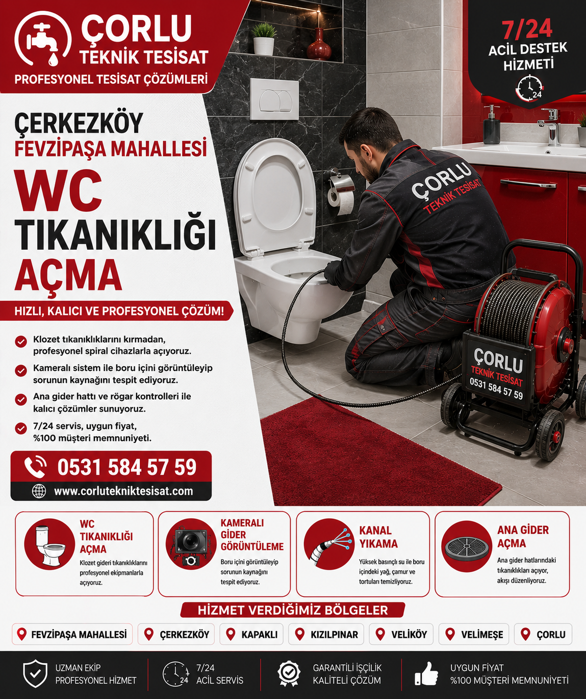 Çerkezköy Fevzipaşa Mahallesi WC Tıkanıklığı Açma ve Kameralı Klozet Gideri Kontrolü